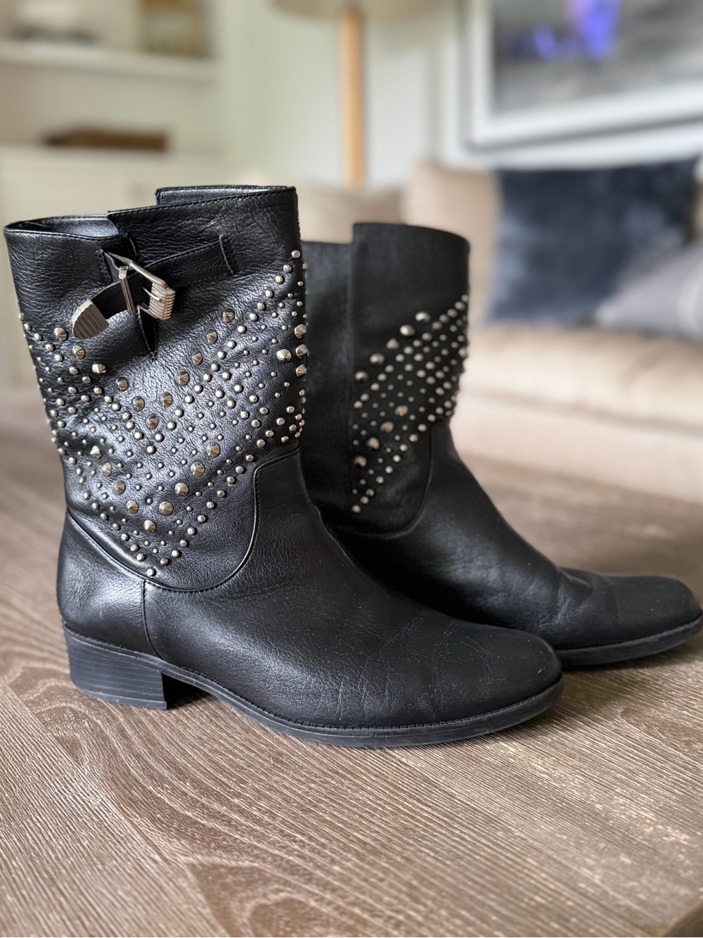 SCHUTZ Black Napa Leather Stud ALIRIA Mid Shaft Moto Biker Boots - Sz 7